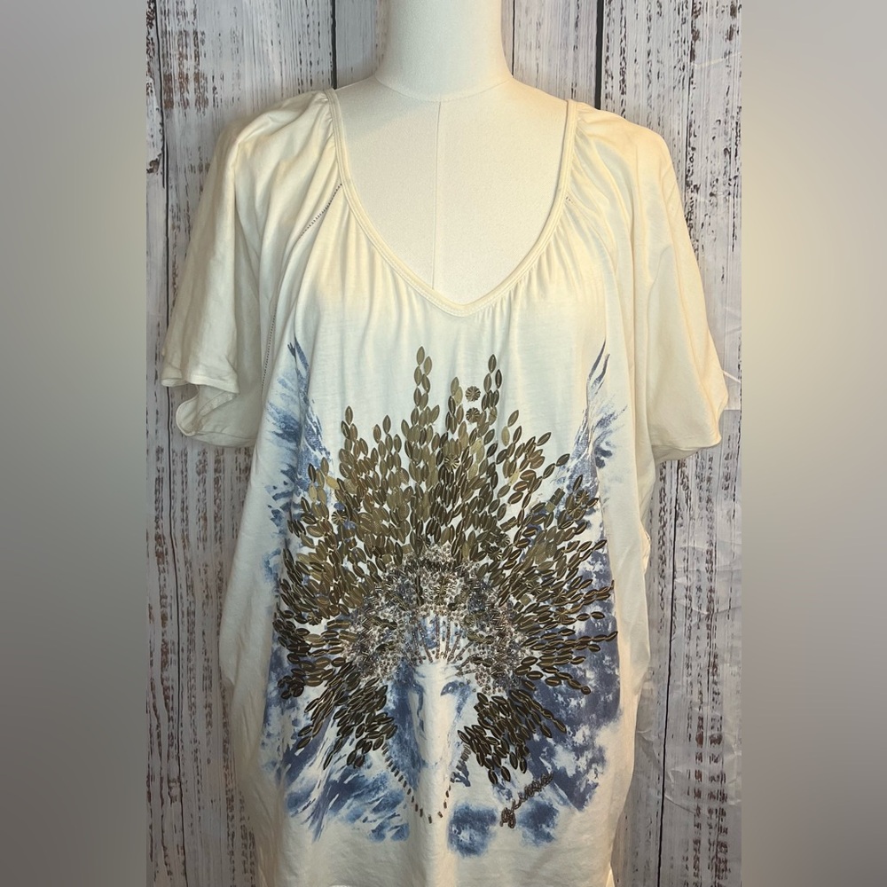 Boho Embellished Graphic Blouse Cream Flowy Short Sleeve V-Neck Top Women’s M